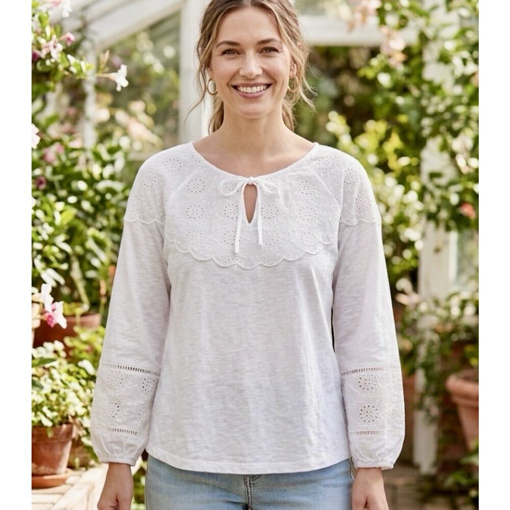 Style & Co Women’s Boho White Eyelet Top Blouse, Key Hole Front‎ Size L , EUC